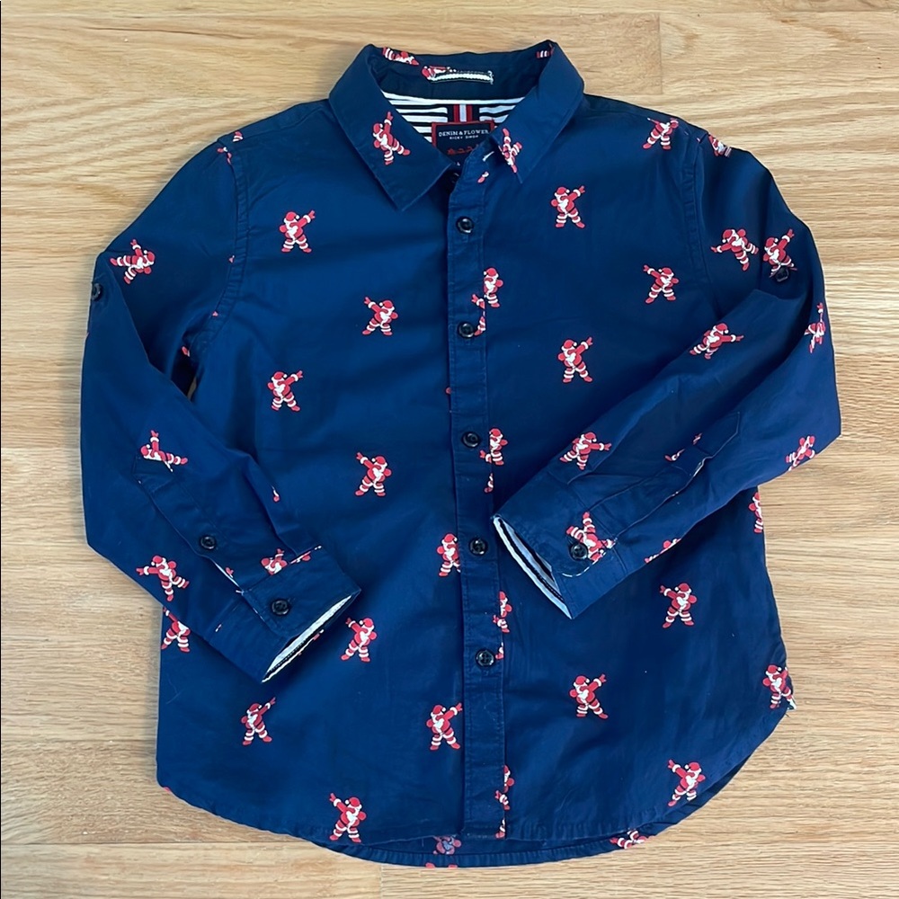 Santa Holiday Christmas Boys Handsome Button Down Collared Shirt, size 4